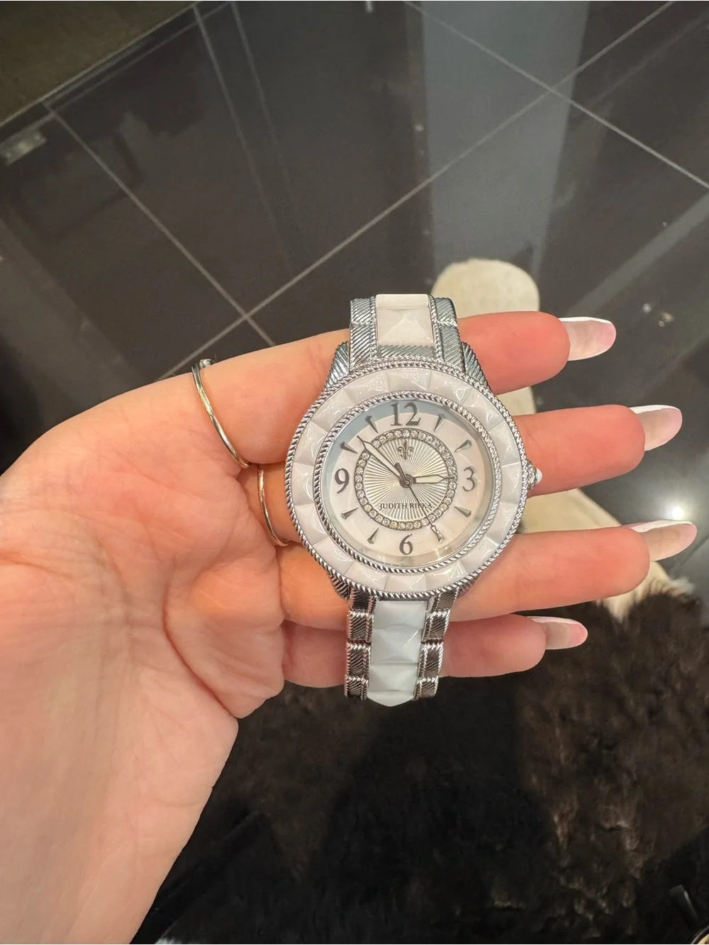 Judith Ripka Silvertone Watch White Pyramid Stud Stone Bezel Textured Link Band